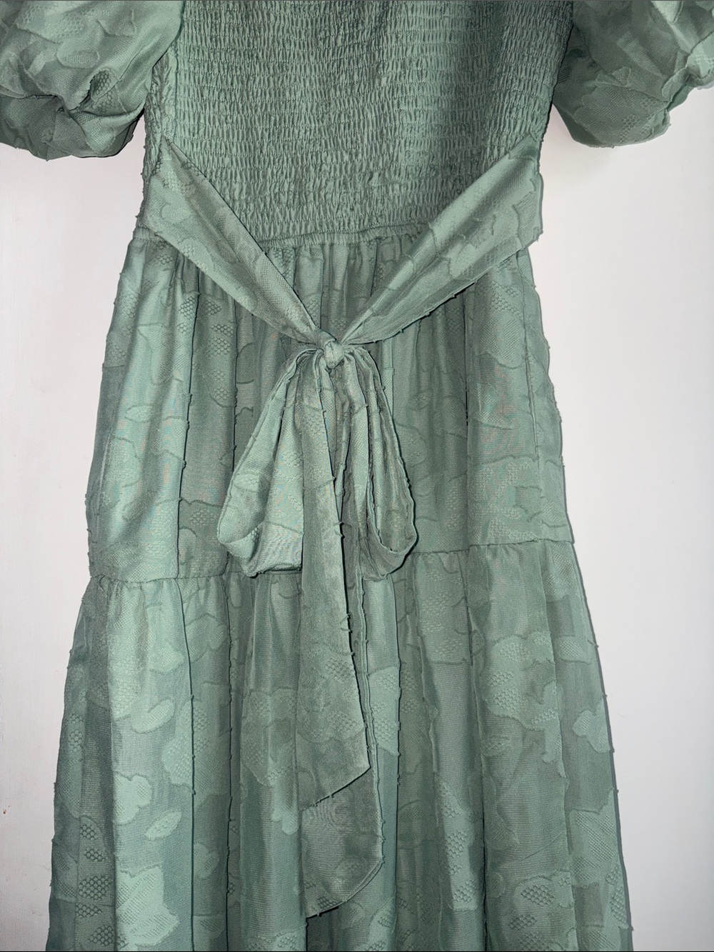 Polagram Sage Green Smocked Puff-Sleeve Midi Dress - Picture 6 of 8